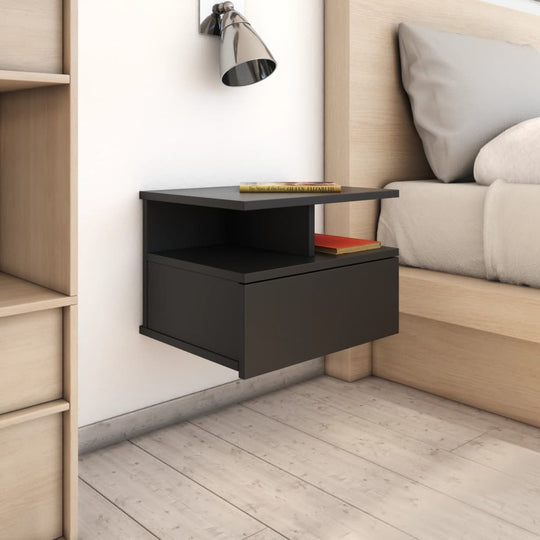 Wall-mounted floating nightstand with drawer, ideal for organizing books and magazines, complements home and garden furniture settings.