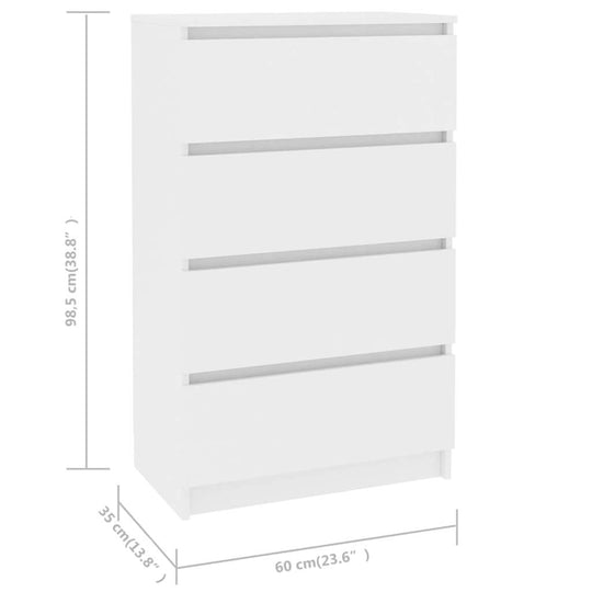 White sideboard dimensions 60x35x98.5 cm, featuring four drawers for storage and a minimalist design.