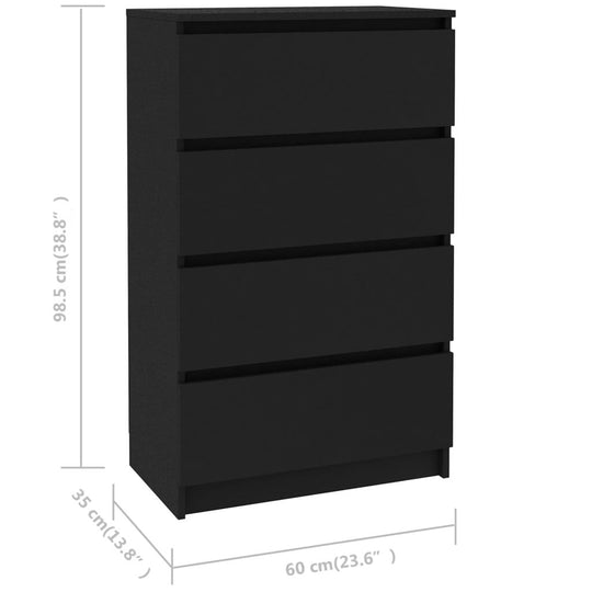 Black sideboard 60x35x98.5 cm with 4 drawers, perfect for storage in minimalist home decor. Ideal furniture piece.