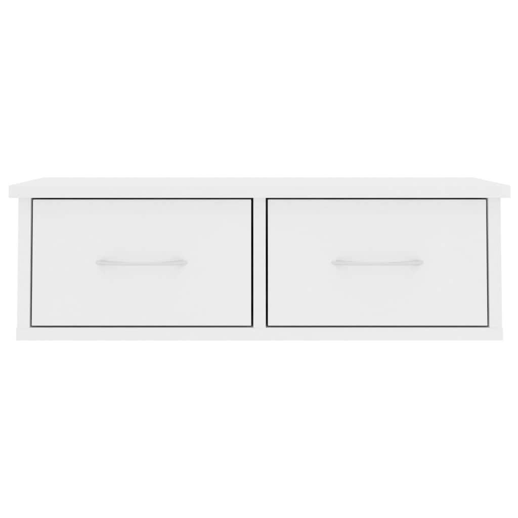 Wall-mounted drawer shelf in white with two storage drawers, ideal for organization and decor in any room.