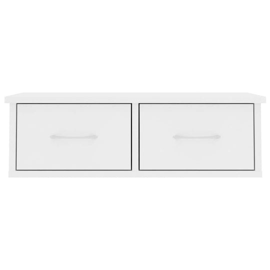 Wall-mounted drawer shelf in white with two storage drawers, ideal for organization and decor in any room.