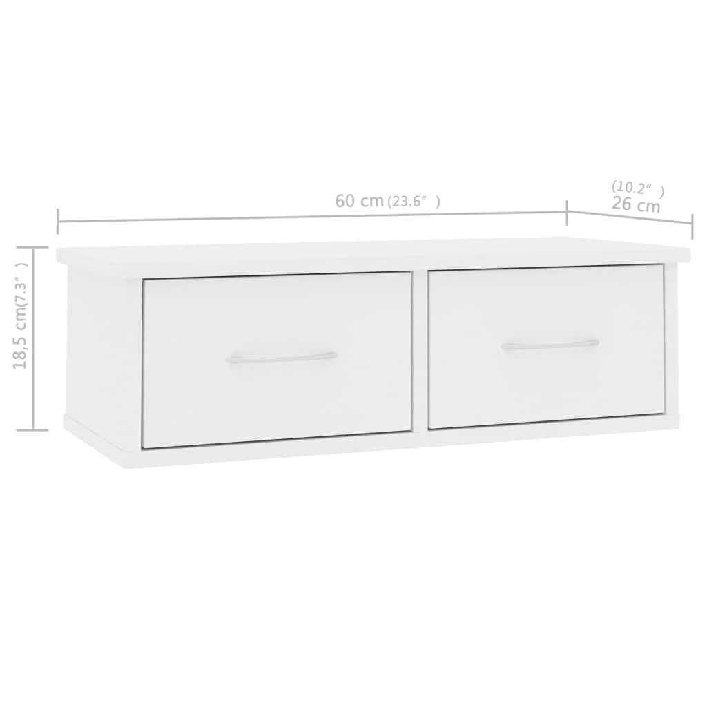 Wall-mounted drawer shelf in white, dimensions 60x26x18.5 cm, perfect for stylish storage and organization in any room.