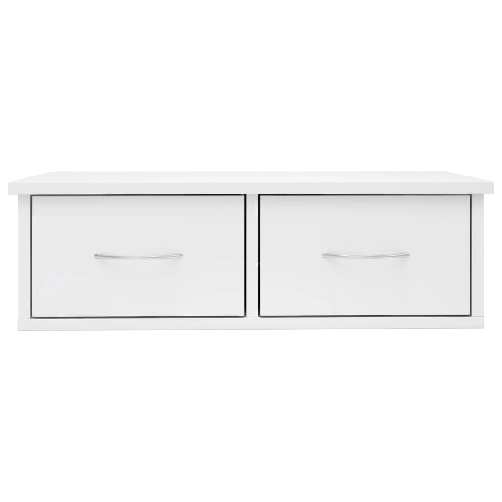 Wall-mounted drawer shelf in high gloss white finish with two spacious drawers for modern home storage solutions.