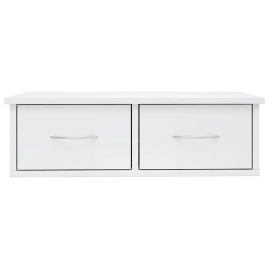 Wall-mounted drawer shelf in high gloss white finish with two spacious drawers for modern home storage solutions.