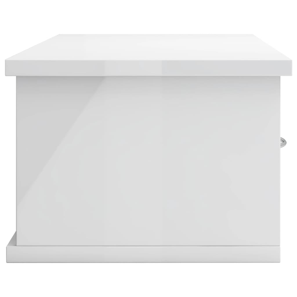 Wall-mounted drawer shelf in high gloss white, showcasing a sleek design for stylish storage and display solutions.