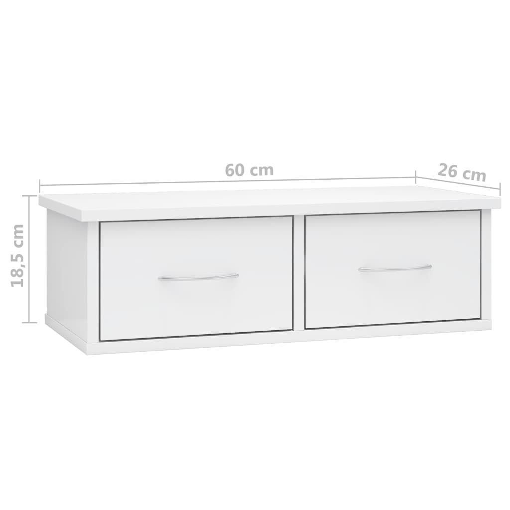 Wall-mounted drawer shelf in high gloss white, measuring 60x26x18.5 cm, perfect for stylish storage solutions.