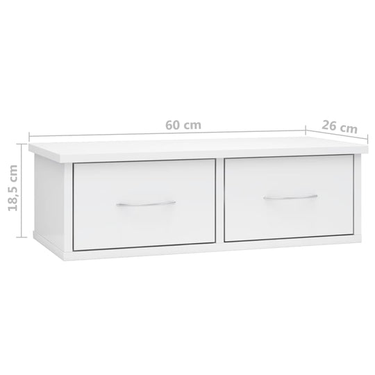 Wall-mounted drawer shelf in high gloss white, measuring 60x26x18.5 cm, perfect for stylish storage solutions.