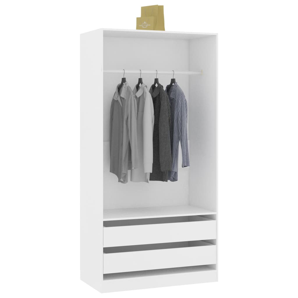 Compact white wardrobe with hanging space for clothes and two drawers, made from durable engineered wood.