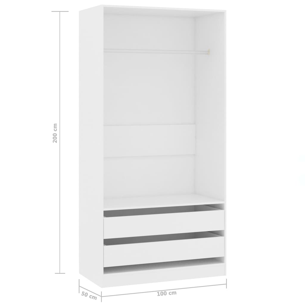 White wardrobe 100x50x200 cm with hanging rod and two drawers, engineered wood design for sturdy and stylish storage solution.