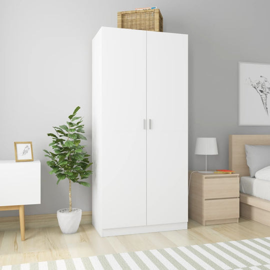 White engineered wood wardrobe 90x52x200 cm in bedroom, ideal for home storage and style, featuring ample space for clothes and accessories.