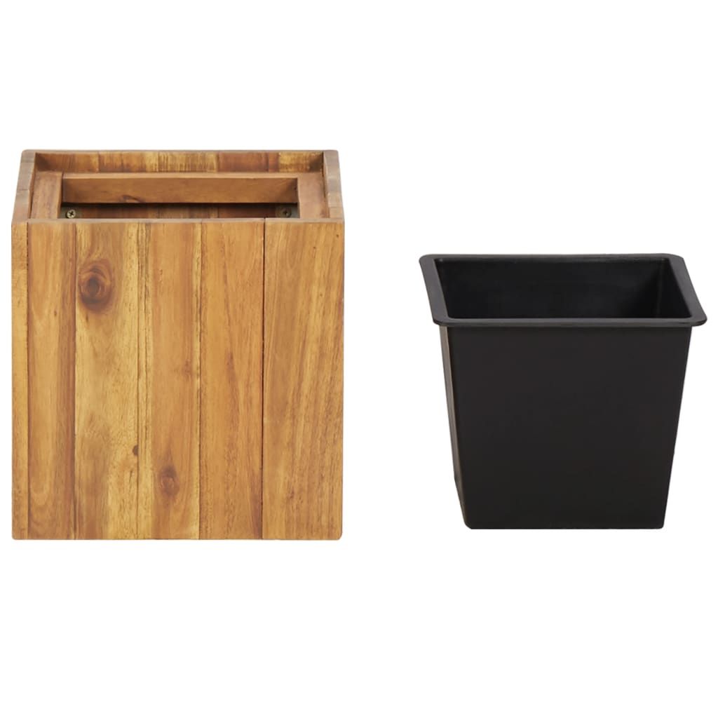 Garden raised bed pot made of solid acacia wood beside a black inner planting container for outdoor use.