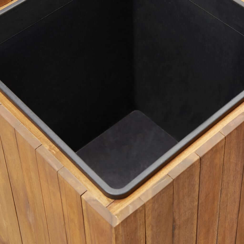 Inside view of a solid acacia wood garden raised bed pot, featuring a black liner for planting and drainage.