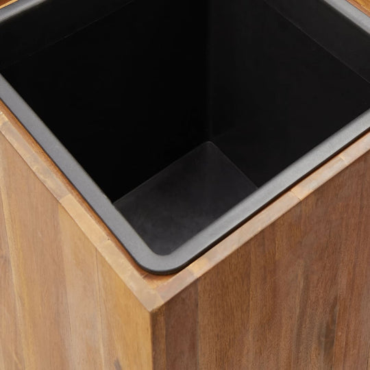 Interior view of a wooden raised bed planter featuring a black liner for optimal soil retention and plant growth.