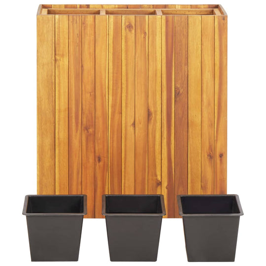 Garden raised bed made of solid acacia wood with three black planter pots for outdoor use. Perfect for DIY enthusiasts.