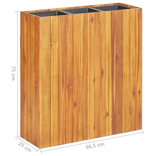 Garden raised bed with three metal pots, made of solid acacia wood, dimensions 75x66.5x25 cm, ideal for outdoor planting.