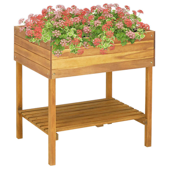 Raised garden planter made of solid acacia wood, filled with colorful flowers, perfect for outdoor decor.