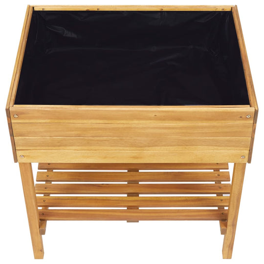 Raised garden planter made of solid acacia wood with a black PVC lining and slatted shelf for outdoor gardening.