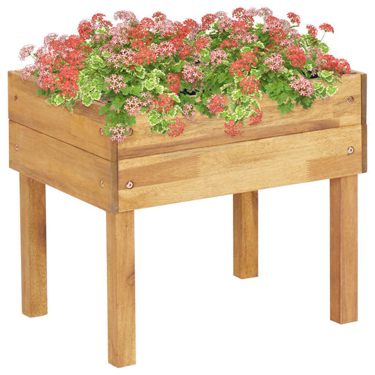 Raised garden planter made of solid acacia wood with blooming flowers, adding rustic charm to outdoor spaces.