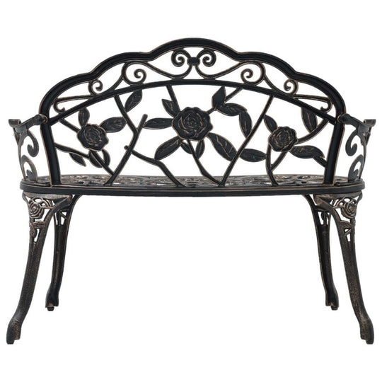 Bistro bench 100cm in bronze cast aluminium with ornate floral design for outdoor garden seating.