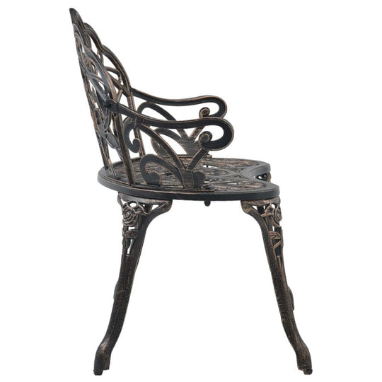 Side view of a bronze cast aluminium Bistro bench featuring ornate scrollwork and sturdy cast iron legs, perfect for outdoor furniture.