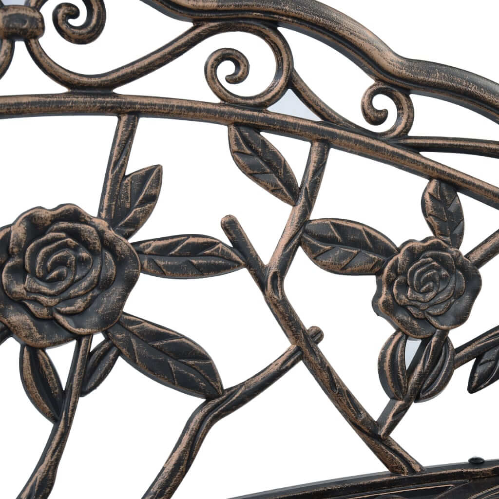 Ornate bronze cast aluminium bench backrest featuring floral scrollwork for outdoor elegance.