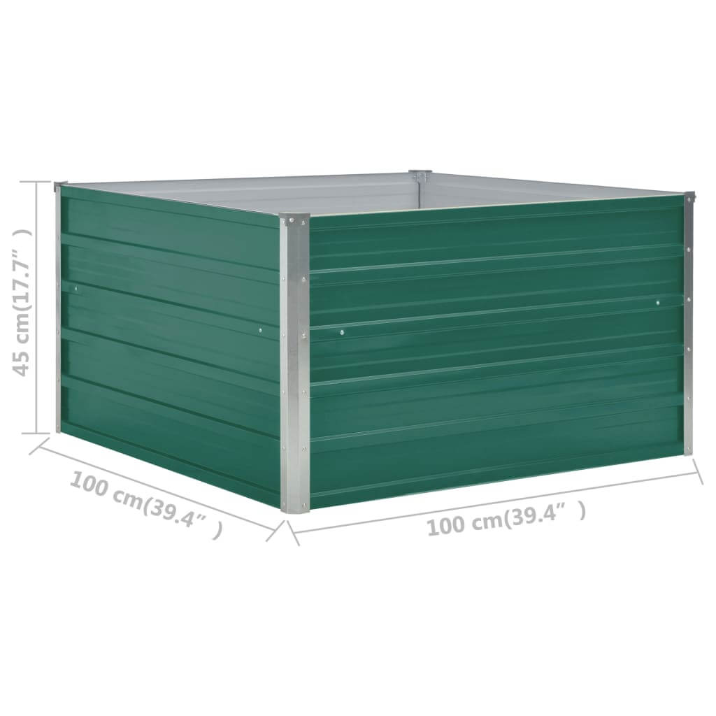 Raised garden bed in green galvanized steel, 100x100x45 cm, featuring an open bottom for drainage and ample planting space.