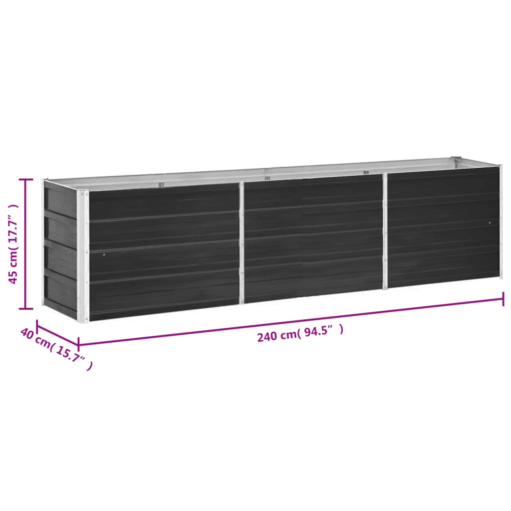 Garden Raised Bed Galvanised Steel 240x40x45 cm - Cherryfurnie LLC Constructed from strong and durable galvanized steel, our garden raised bed is perfect for growing a variety of plants and flowers. Its deep and wide design allows for plenty of soil and ample space for your garden. This weather-resistant planter pot is ideal for outdoor use and simple to assemble. Colour: Anthracite Material: Galvanised steel Dimensions: 240 x 40 x 45 cm (L x W x H) Open botton  Gardening -> Pots & Planters #