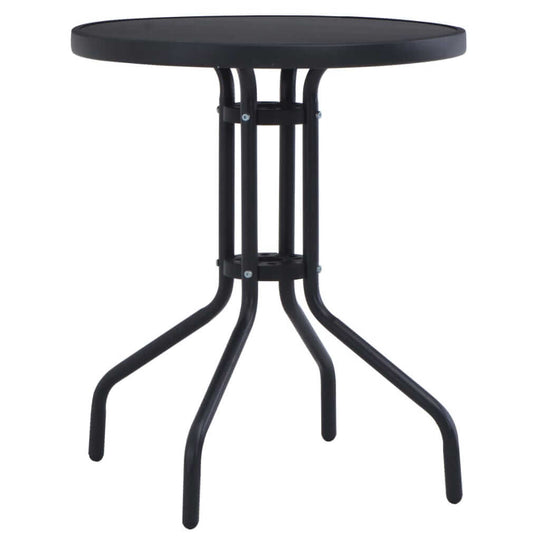 Round black garden table with sturdy steel frame and elegant glass top, perfect for outdoor furniture and gatherings.