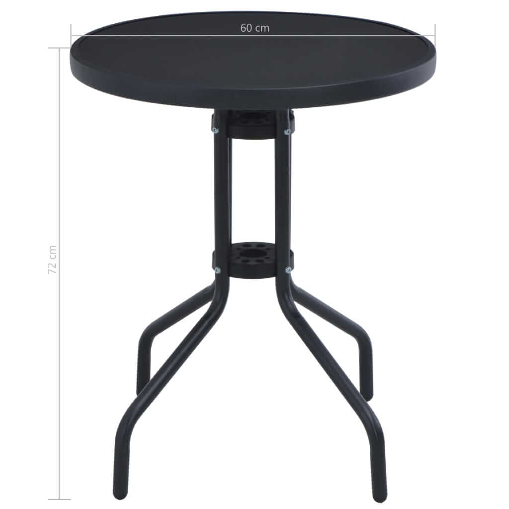 Round black garden table with steel frame and glass top, measuring 60 cm, perfect for outdoor dining and leisure.