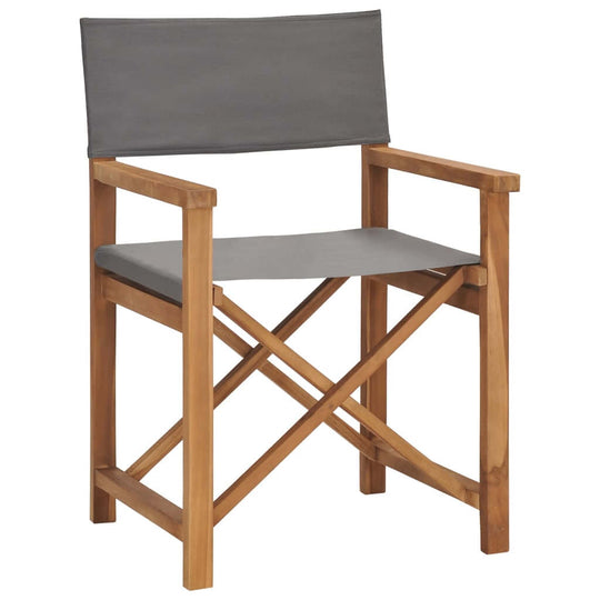 Director's chair made of solid teak wood with a grey seat, perfect for outdoor furniture in gardens or patios.