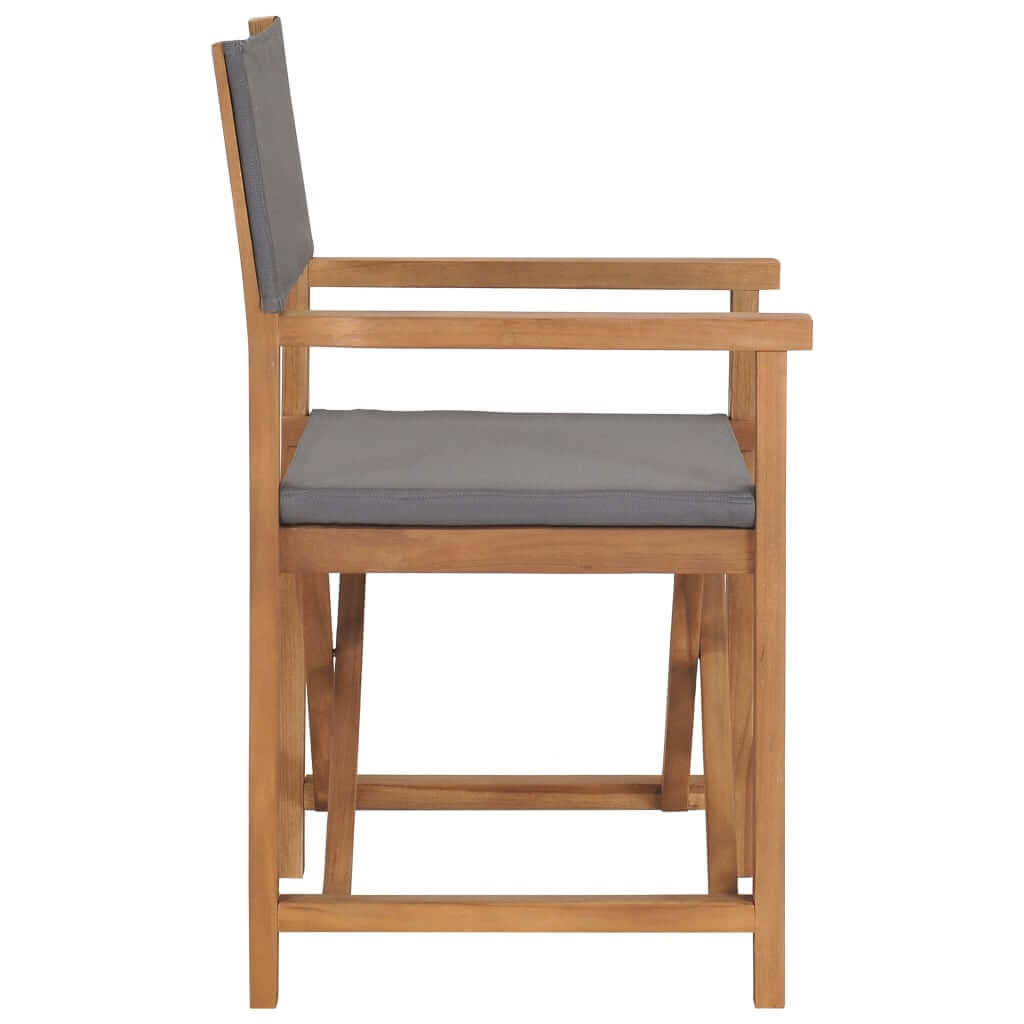 Wooden director's chair in solid teak with grey cushion, perfect for outdoor furniture and patio lounge areas.