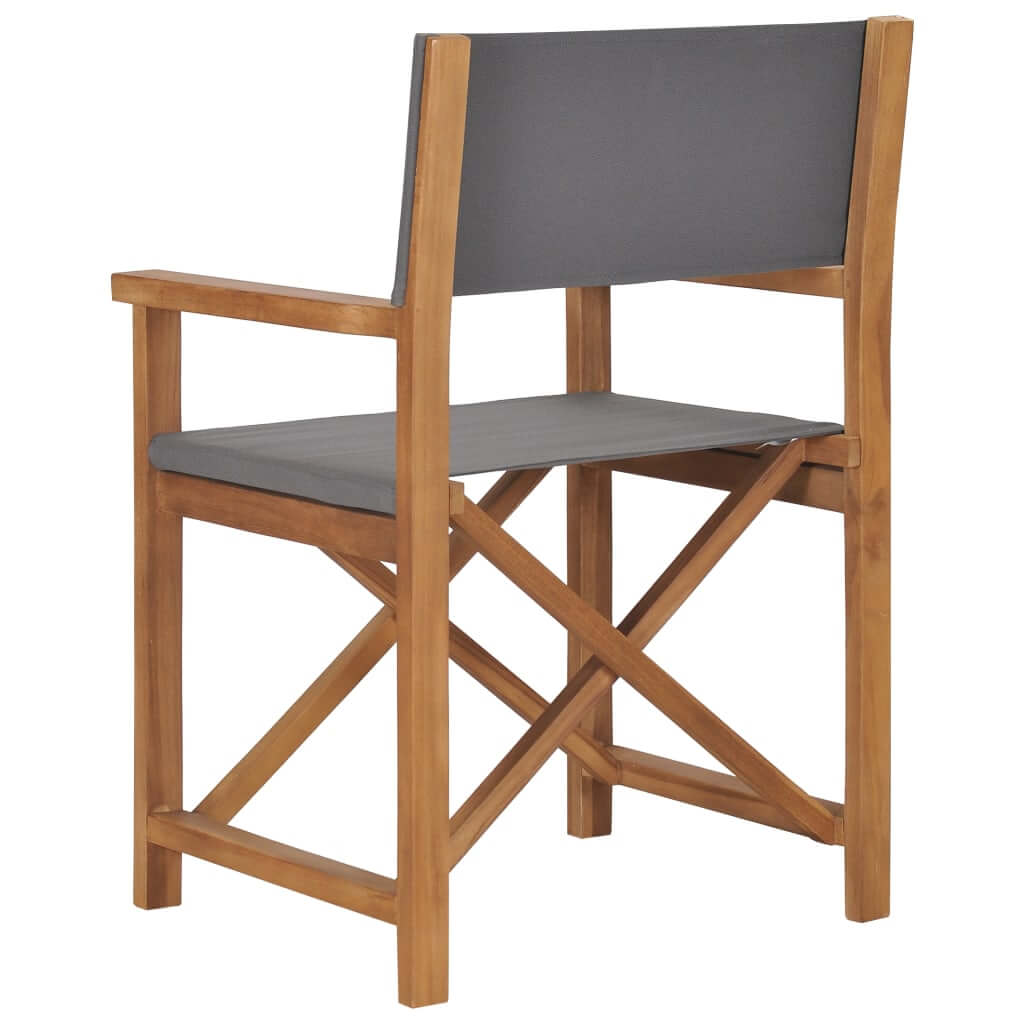 Director's chair made of solid teak wood with a grey seat, perfect for outdoor furniture in gardens and patios.