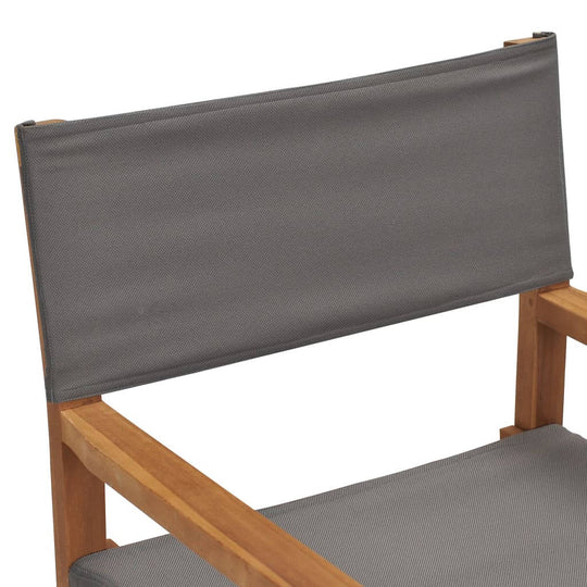 Director's chair with grey fabric seat and backrest, featuring a solid teak wood frame, perfect for outdoor furniture.