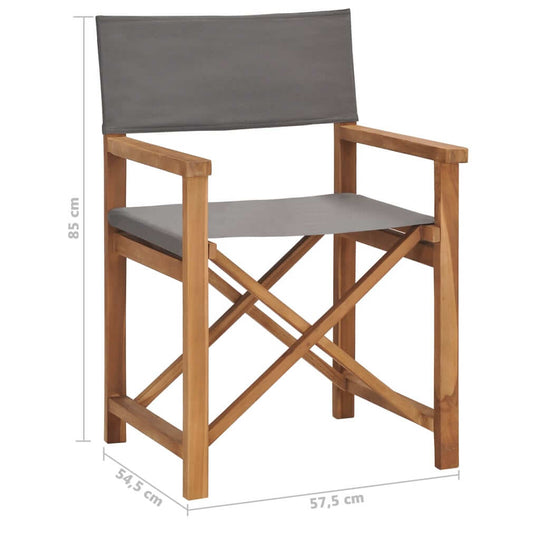 Director's chair made of solid teak wood with grey fabric, perfect for outdoor furniture and garden settings.