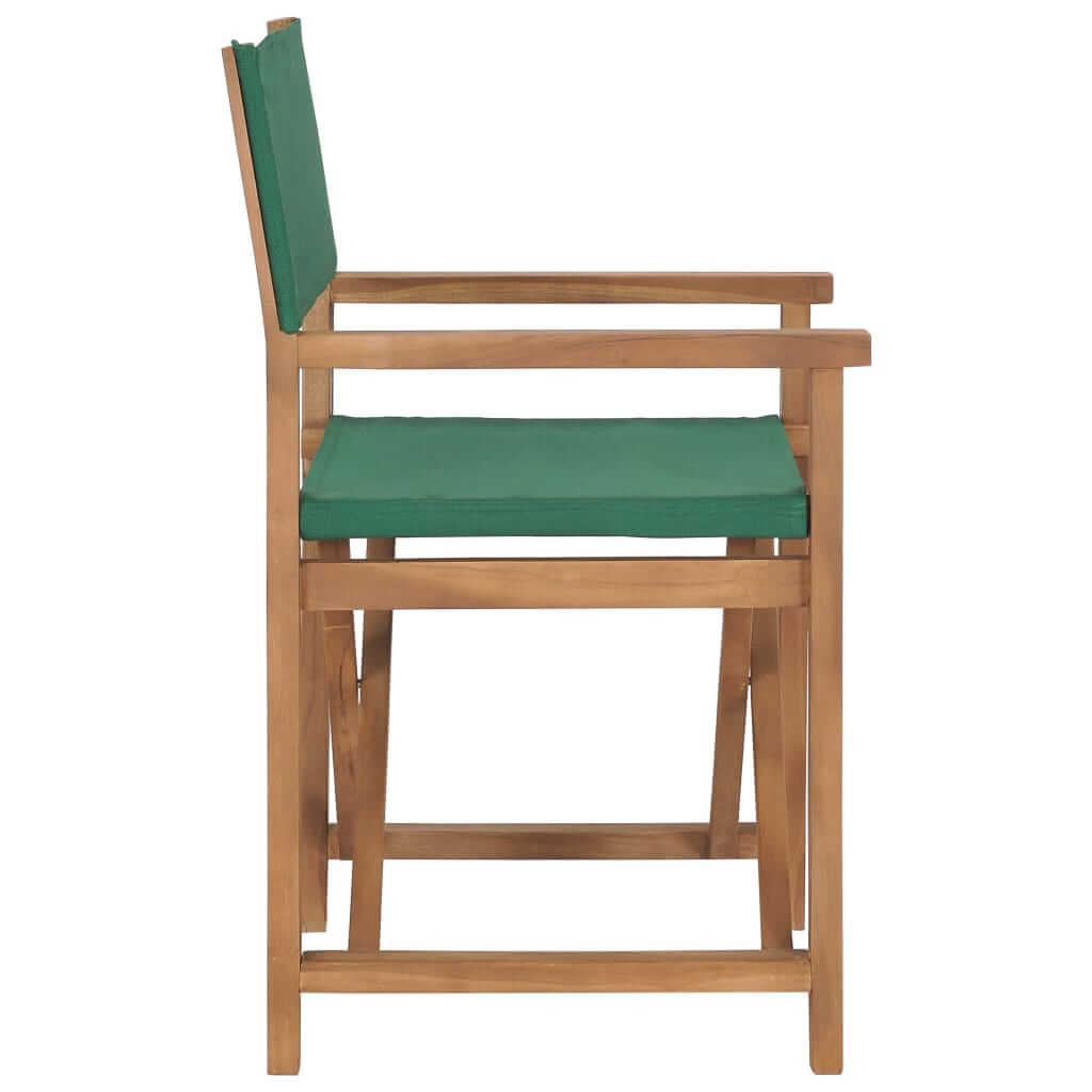 Side view of a solid teak wood director's chair with green cushion, ideal for outdoor furniture and lounge spaces.