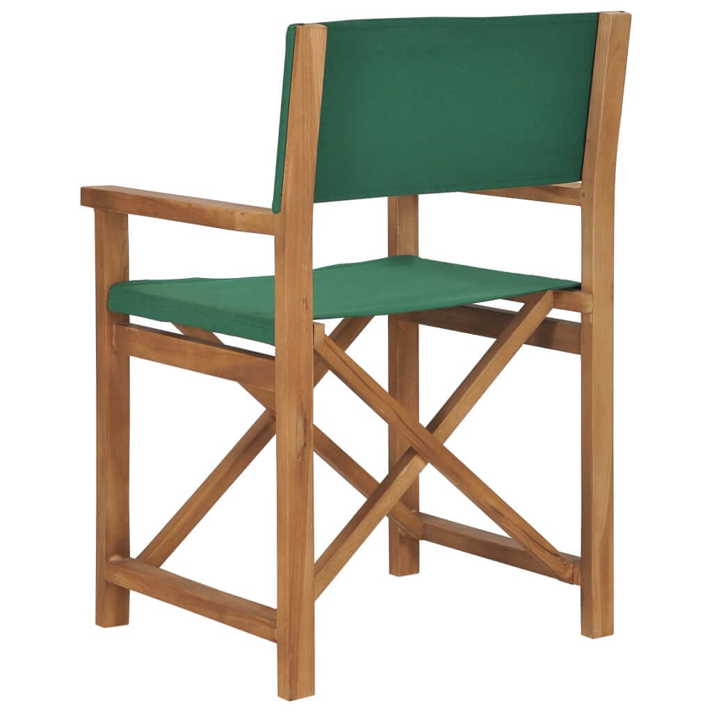 Solid teak director's chair with green fabric, perfect for outdoor furniture in gardens and patios.