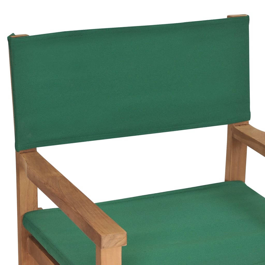 Director's chair with green cushion, made of solid teak wood, ideal for outdoor furniture and garden lounge settings.