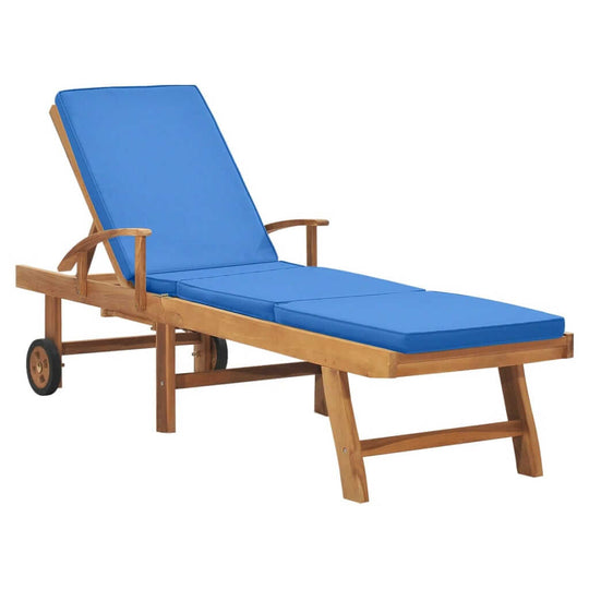 Sun Lounger with Cushion – Solid Teak Wood Outdoor Chair, blue cushioned teak wood sunlounger with wheels for outdoor relaxation.