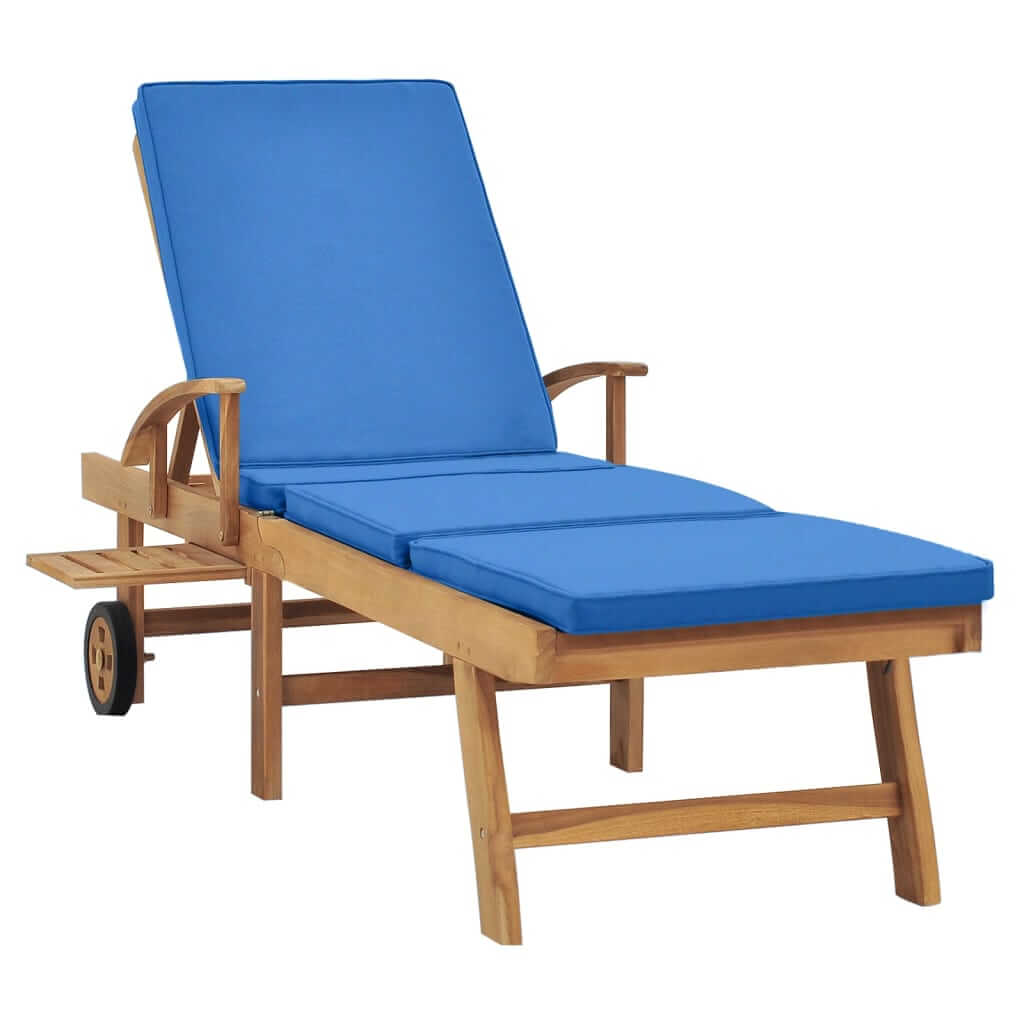 Sun Lounger with Cushion – Solid Teak Wood Outdoor Chair with blue cushion, showcasing a sturdy slatted design for garden or deck use.