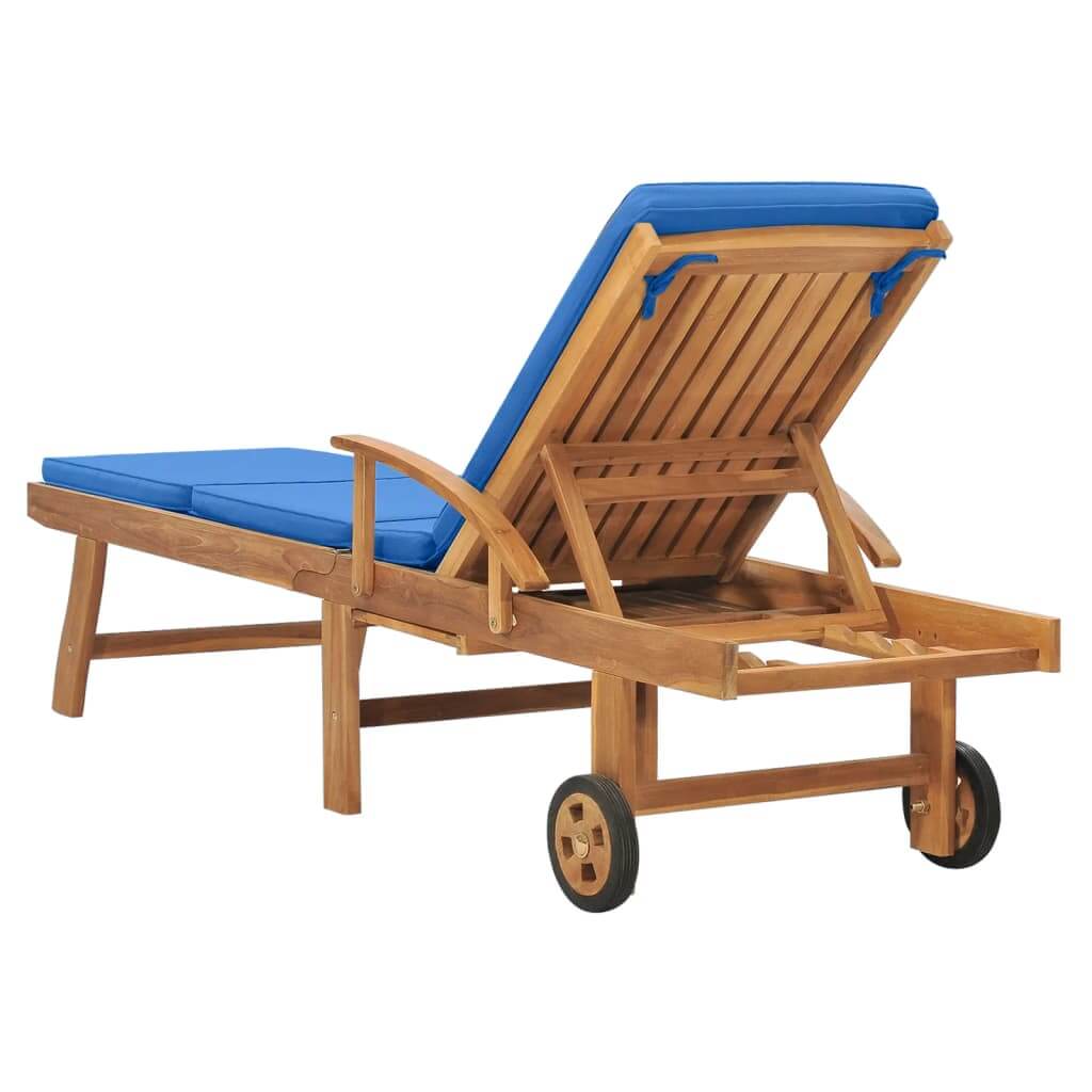 Sun Lounger with Cushion – Solid Teak Wood Outdoor Chair, slatted design, durable and weather-resistant, available in blue.