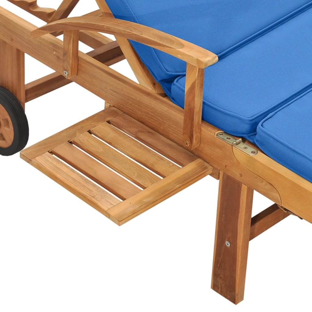 Sun Lounger with Cushion – Solid Teak Wood Outdoor Chair with blue cushions and slatted design in a garden setting.