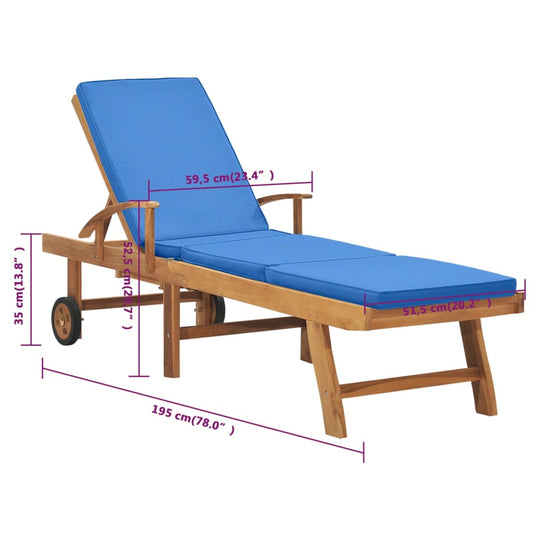 Sun Lounger with Cushion – Solid Teak Wood Outdoor Chair with blue cushion, slatted design, durable and weather-resistant, with measurements