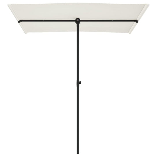 Outdoor parasol with aluminium pole in sand white, providing UV protection and adjustable shade for outdoor furniture.