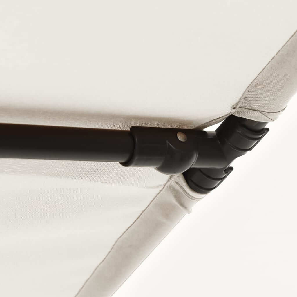 Close-up of the joint and aluminium pole of an outdoor parasol, showcasing durable materials for stability.