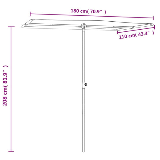 Dimensions of the outdoor parasol with aluminium pole, measuring 180x110 cm and 208 cm height, in sand white color.