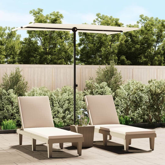 Outdoor parasol with aluminum pole providing shade over lounge chairs in a garden setting, ideal for outdoor furniture.