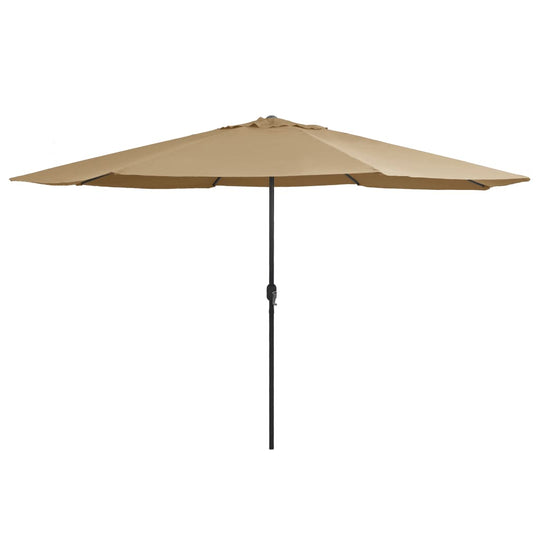 Outdoor parasol with metal pole in taupe, 390 cm, providing shade for outdoor furniture and lounging areas.