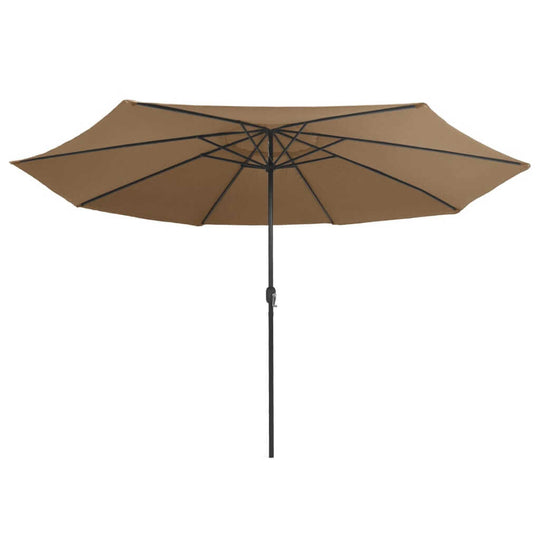 Outdoor parasol with metal pole, 390 cm taupe, providing shade for outdoor furniture and lounging areas.