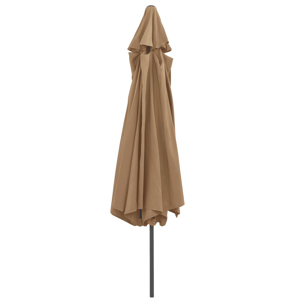 Outdoor parasol in taupe, folded, with metal pole for protective shade from UV rays, ideal for outdoor furniture setups.