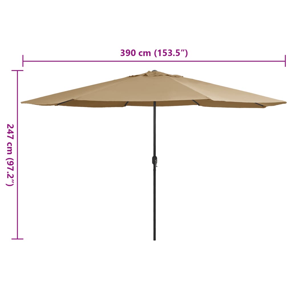 Outdoor taupe parasol with a metal pole, providing shade and UV protection, dimensions 390 cm x 247 cm. Ideal for outdoor furniture.